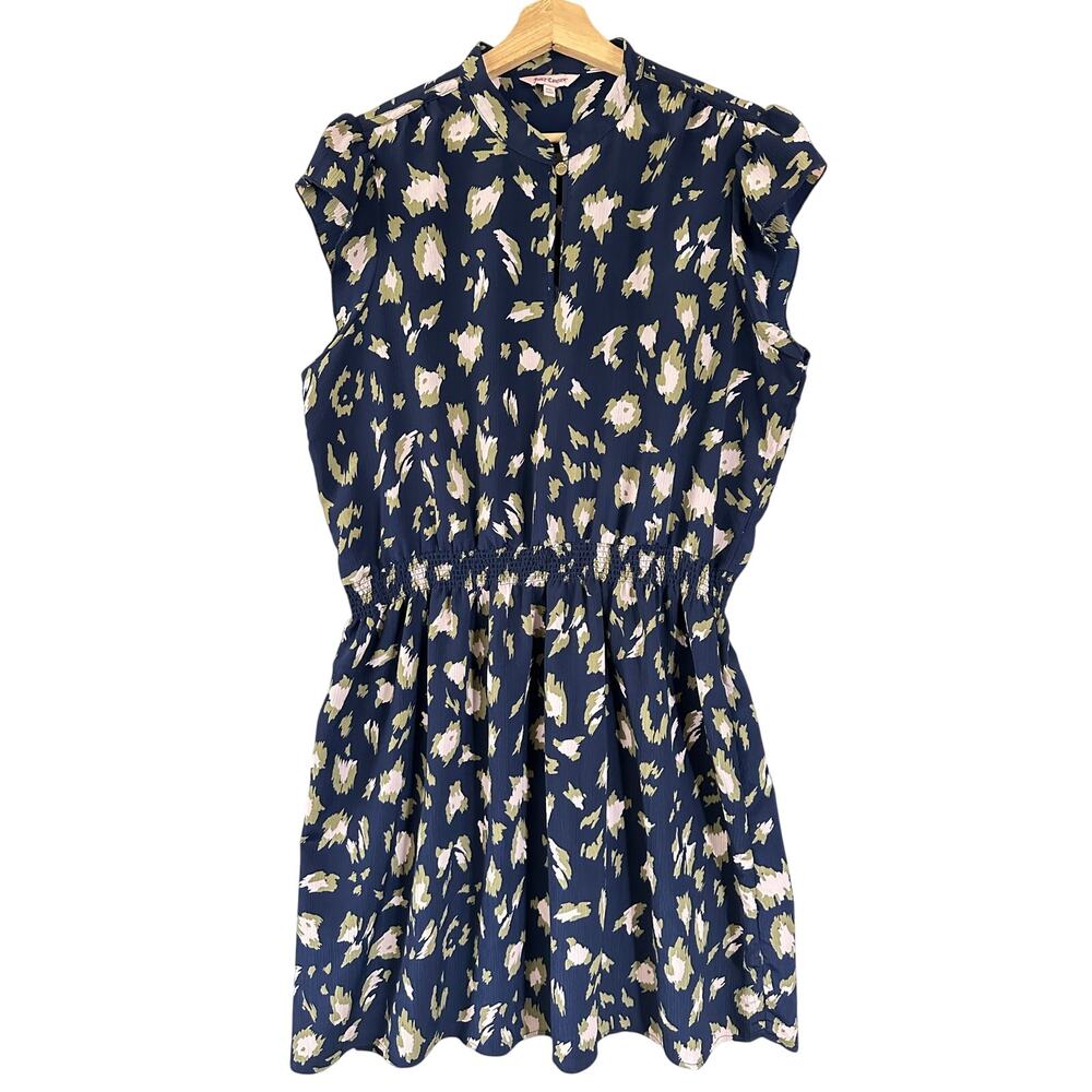 Juicy Couture Blouson Dress Flowy Cap Sleeve Navy Blue Abstract Print Size XXL